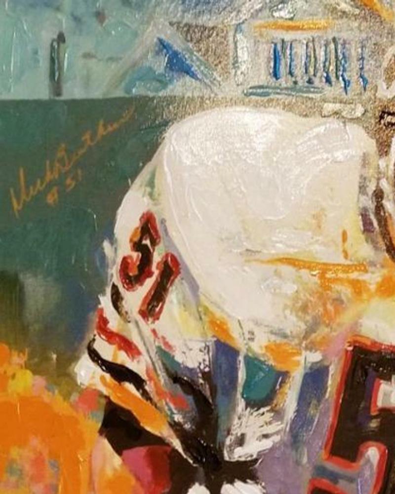 Limited edition Malcolm Farley piece of one of the Monsters of the Midway, Dick Butkus. 
This 30x40 hand-enhanced giclee on canvas piece dazzles with dashing color and is hand-numbered 2/15 along with Farley's and Dick Butkus signature