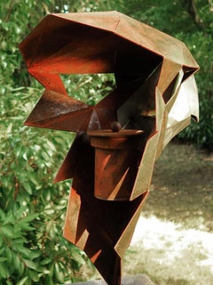 Steel Polygon Sculpture - "Eagle" on an oxidised oak pedestal - handmade 155cm