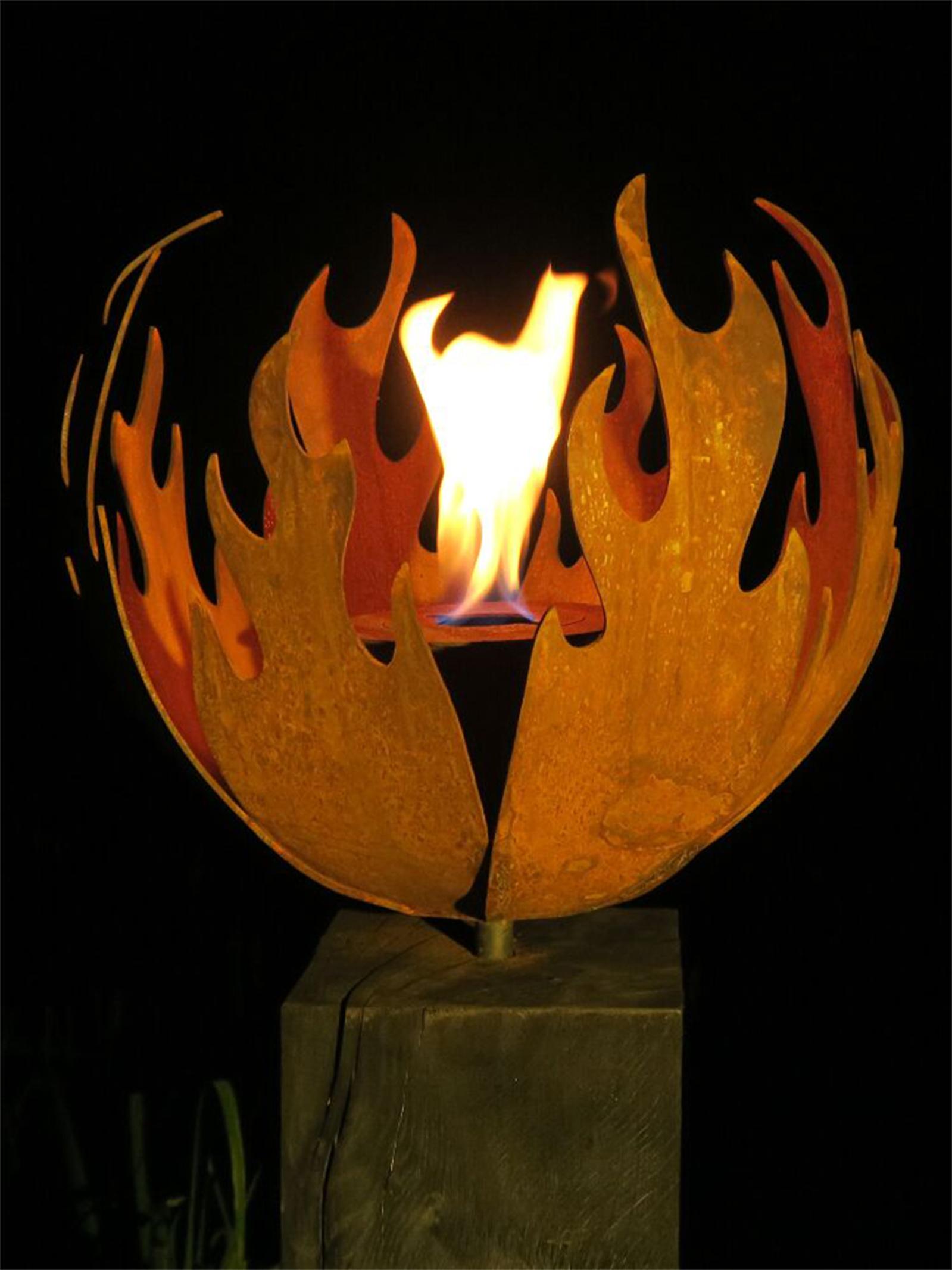 Outdoor Fire Pit - "Flame" - on oxidised oak pedestal - Medium Height - Mixed Media Art by Stefan Traloc