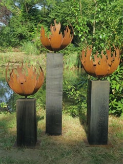 Outdoor Fire Pit - "Flame" - on oxidised oak pedestal - Medium Height