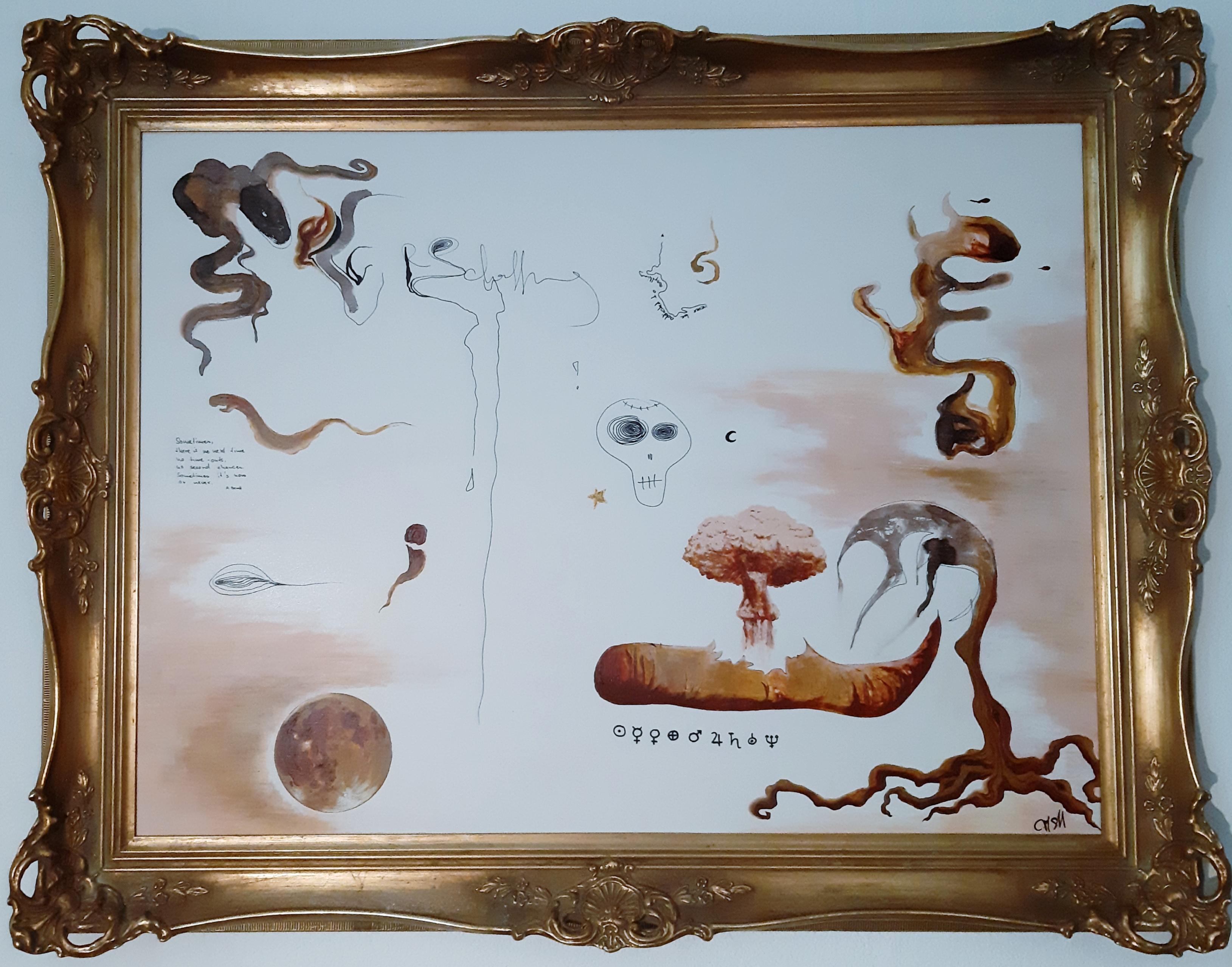 Chroessi Schnell - "Creation and Release".

Surrealism, abstract forms, dream universe.

Moon, carrot, mushroom cloud, skull, snakes, ghosts - Symbols that stand for demonlike feelings and selfmade problems, insomnia and rebirth through simple