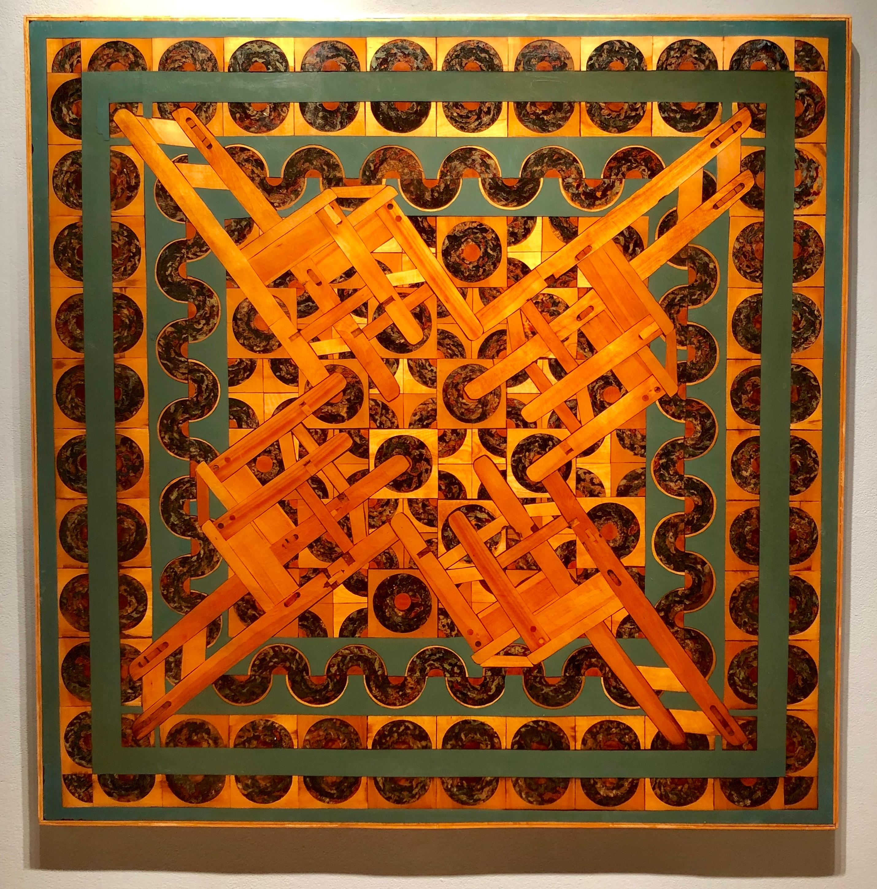 Kaleidoscope, large scale inlaid wood composition, chairs and abstract patterns - Painting by Margaret Wharton