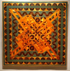 Kaleidoscope, large scale inlaid wood composition, chairs and abstract patterns