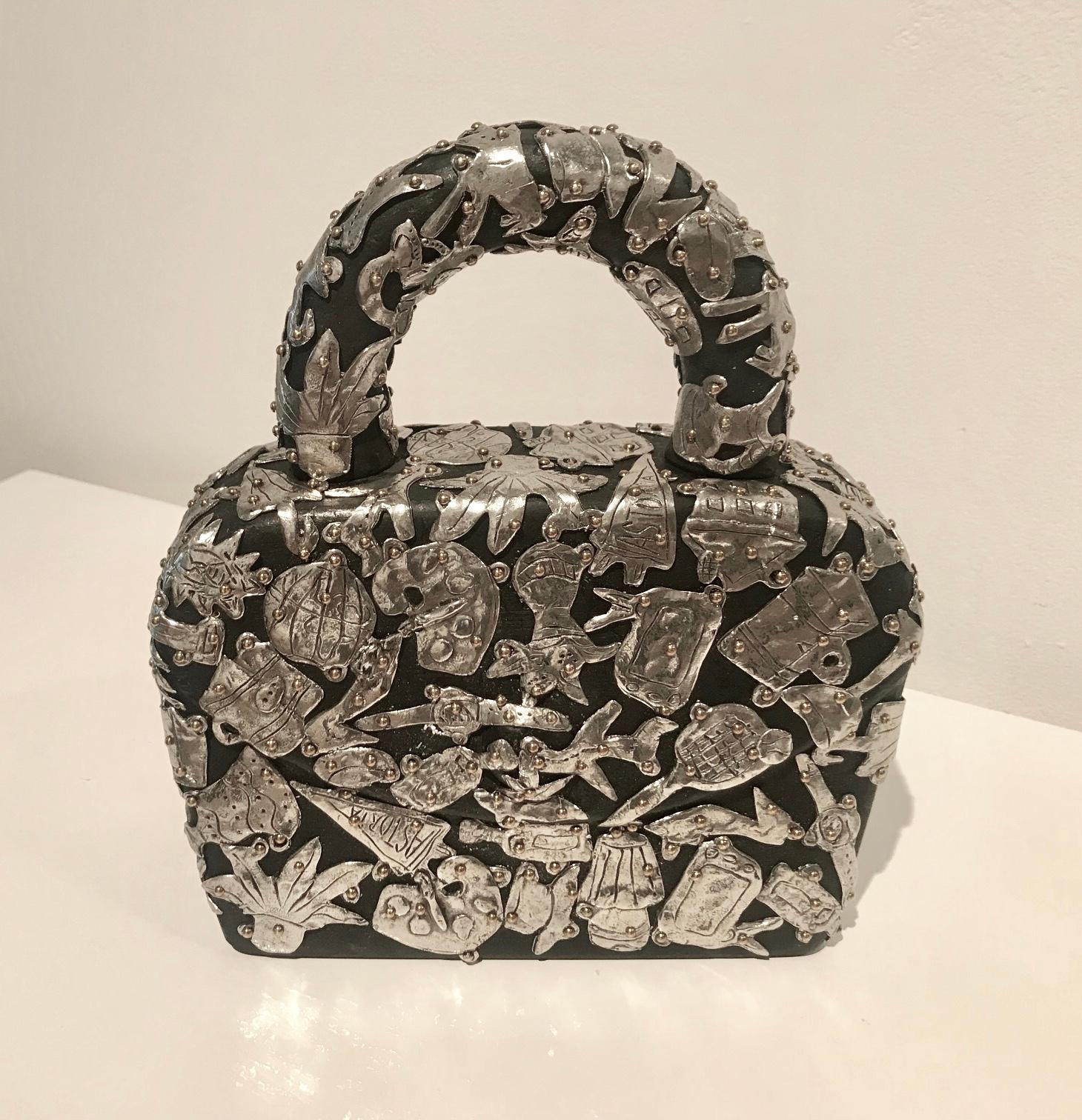 Female Fetish Small Handbag, small scale sculpture in pewter and wood - Art by Claudia DeMonte