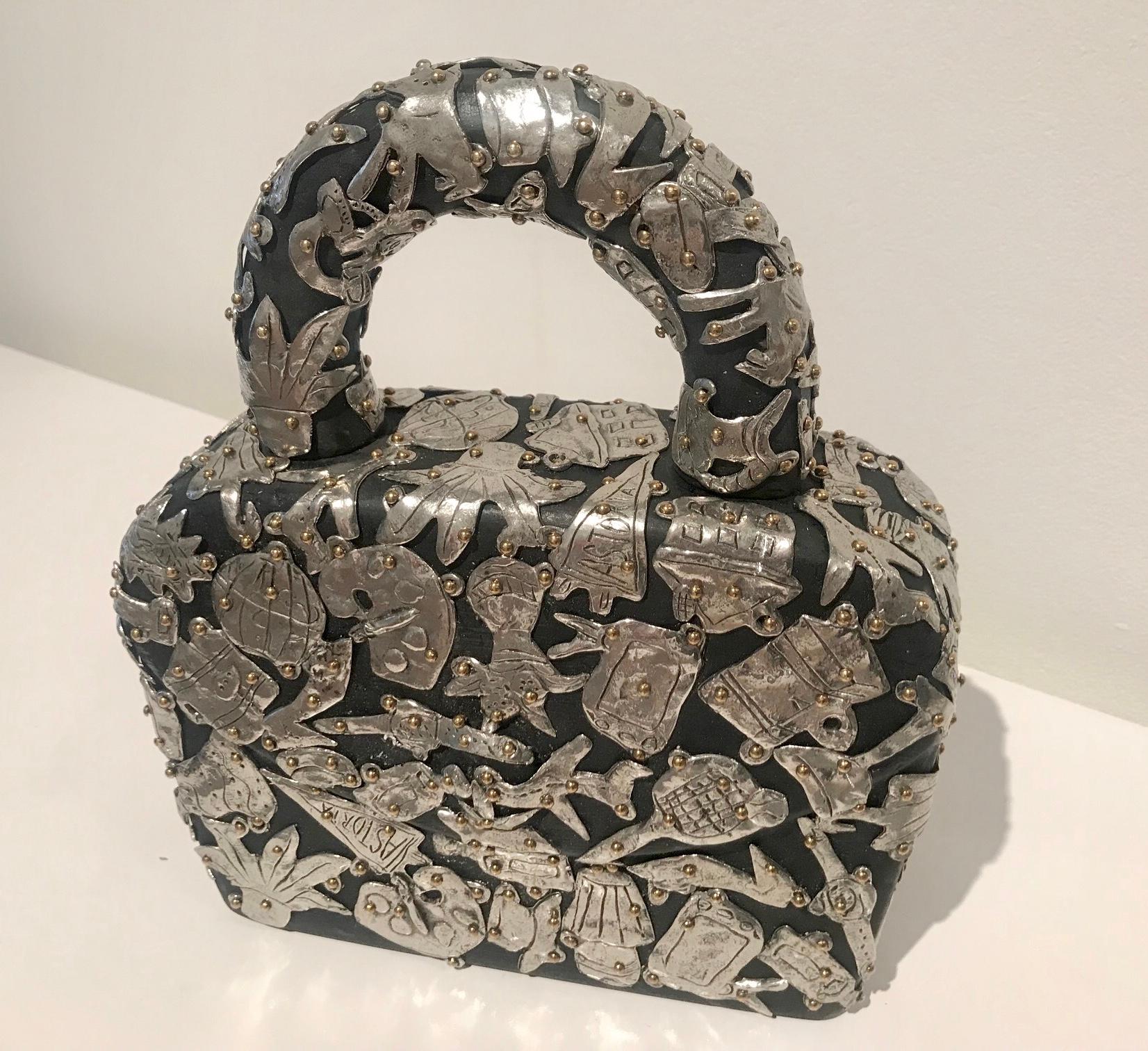 Female Fetish Small Handbag, small scale sculpture in pewter and wood - Outsider Art Art by Claudia DeMonte