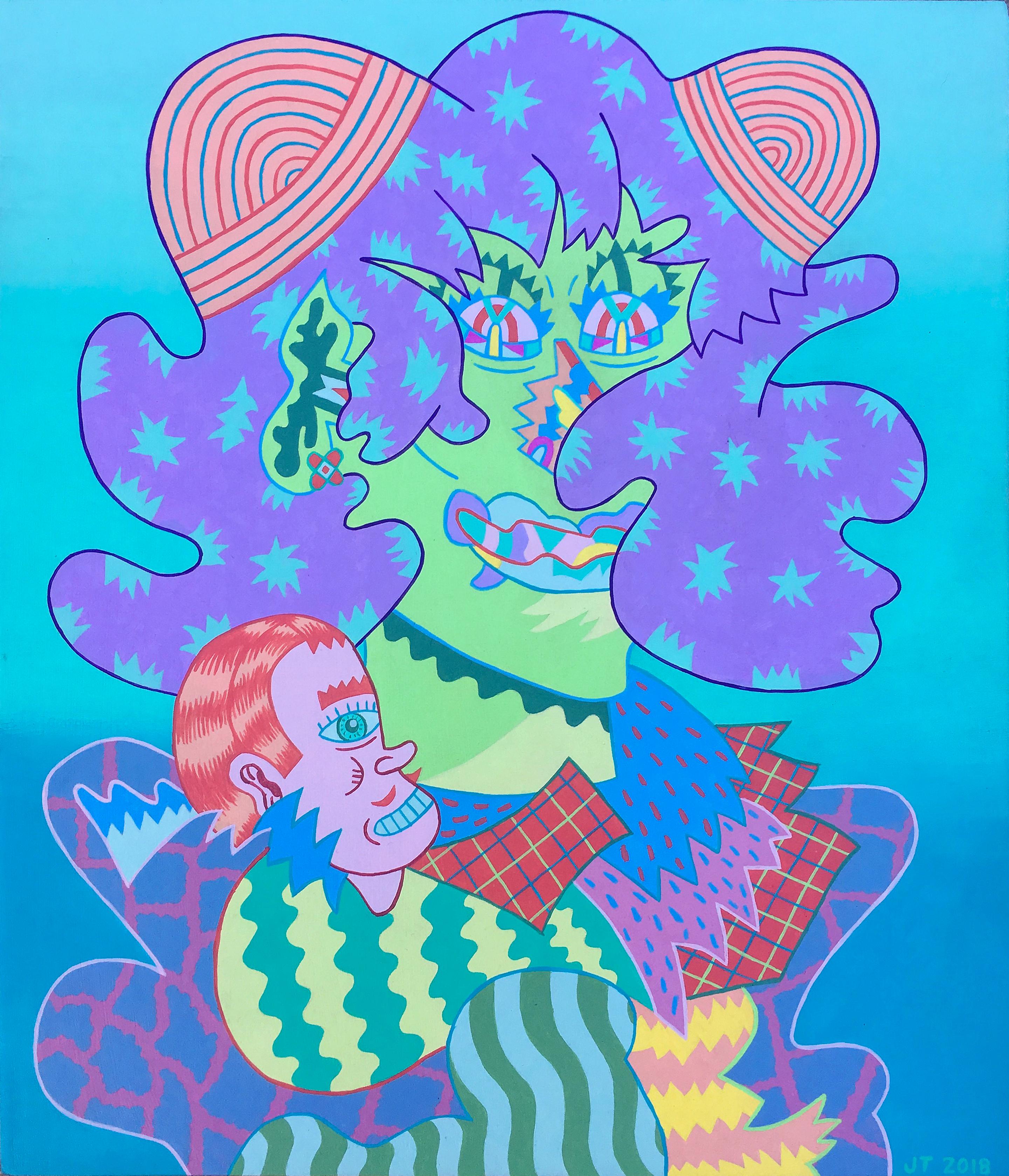 Joe Tallarico, Grape Wrap, 2018, acrylic on wood

Multicolored and brightly colored whimsical, cartoonish portrait painting in the style of the Chicago Imagists. Energetic composition in blue, purple, pink and mint green. 

Joe Tallarico has been