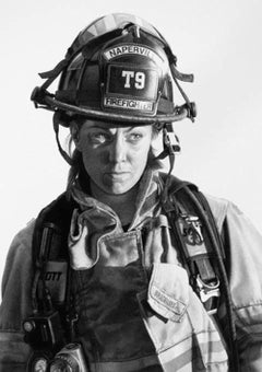 Pencil drawing, photorealism, B&W carbon, female firefighter, fine detail