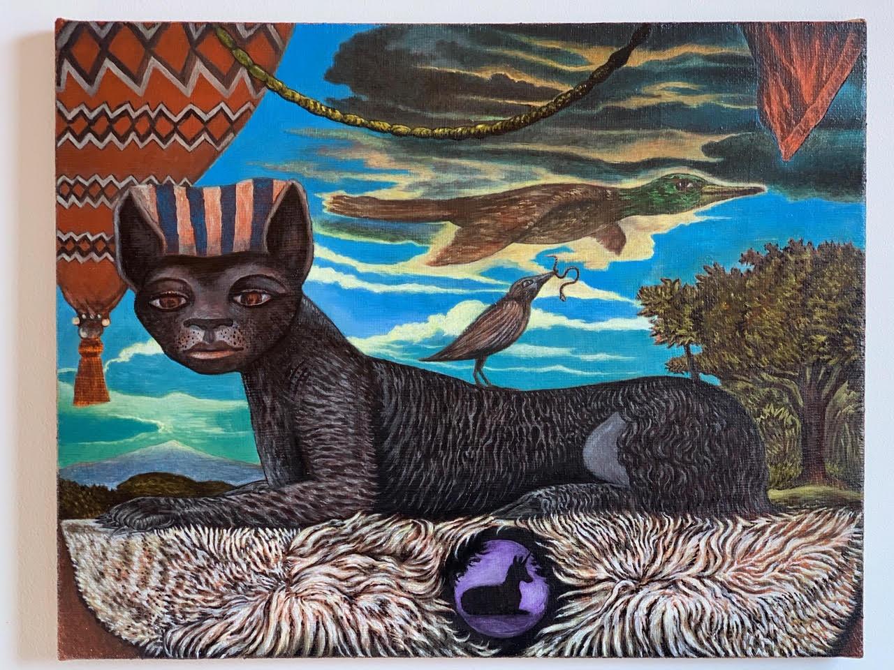 Jonah Koppel Animal Painting - Reclining Cat, Duck, Birds in a Surrealist Landscape, Untitled