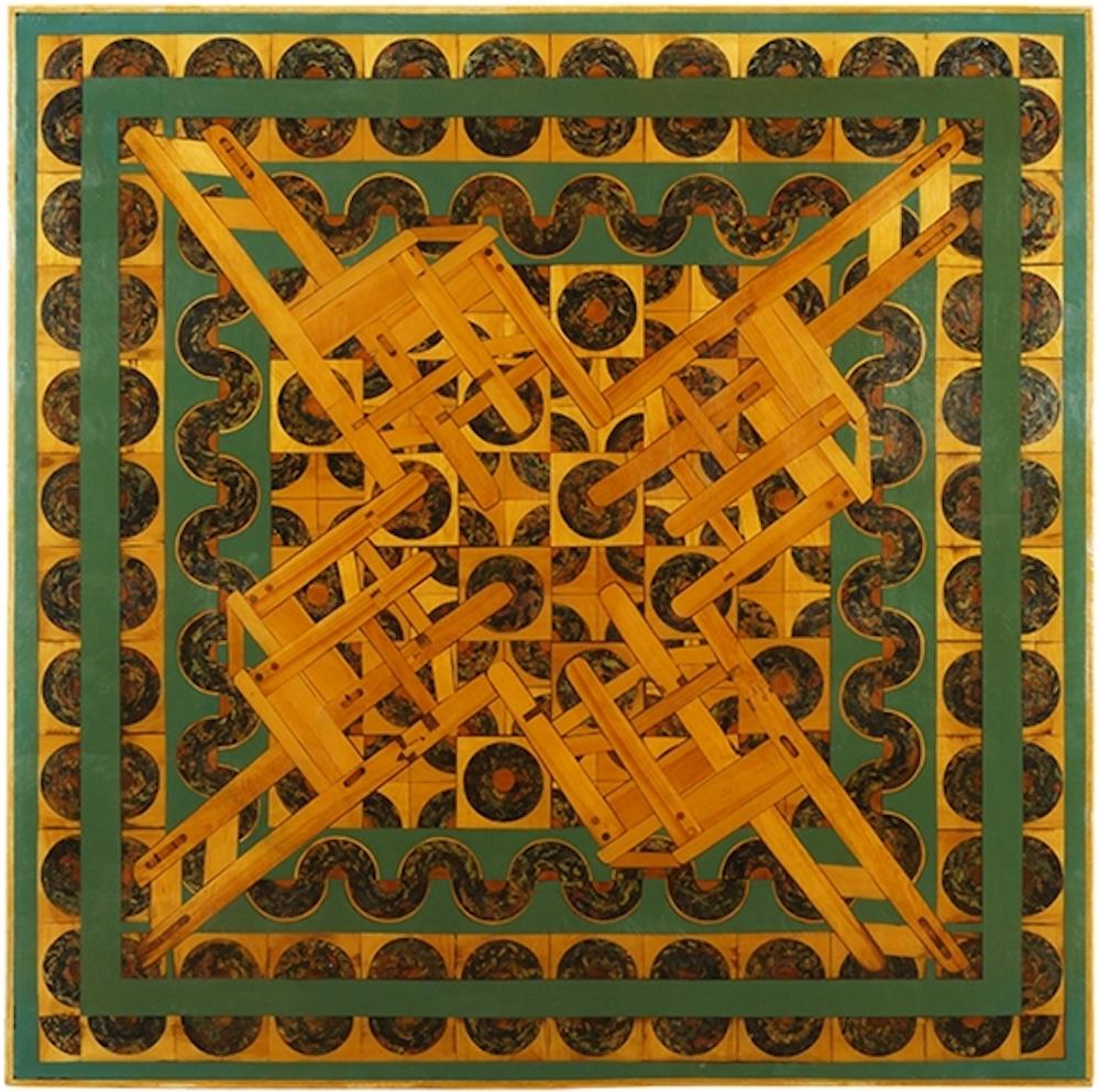 Margaret Wharton Abstract Painting - Kaleidoscope, large scale inlaid wood composition, chairs and abstract patterns