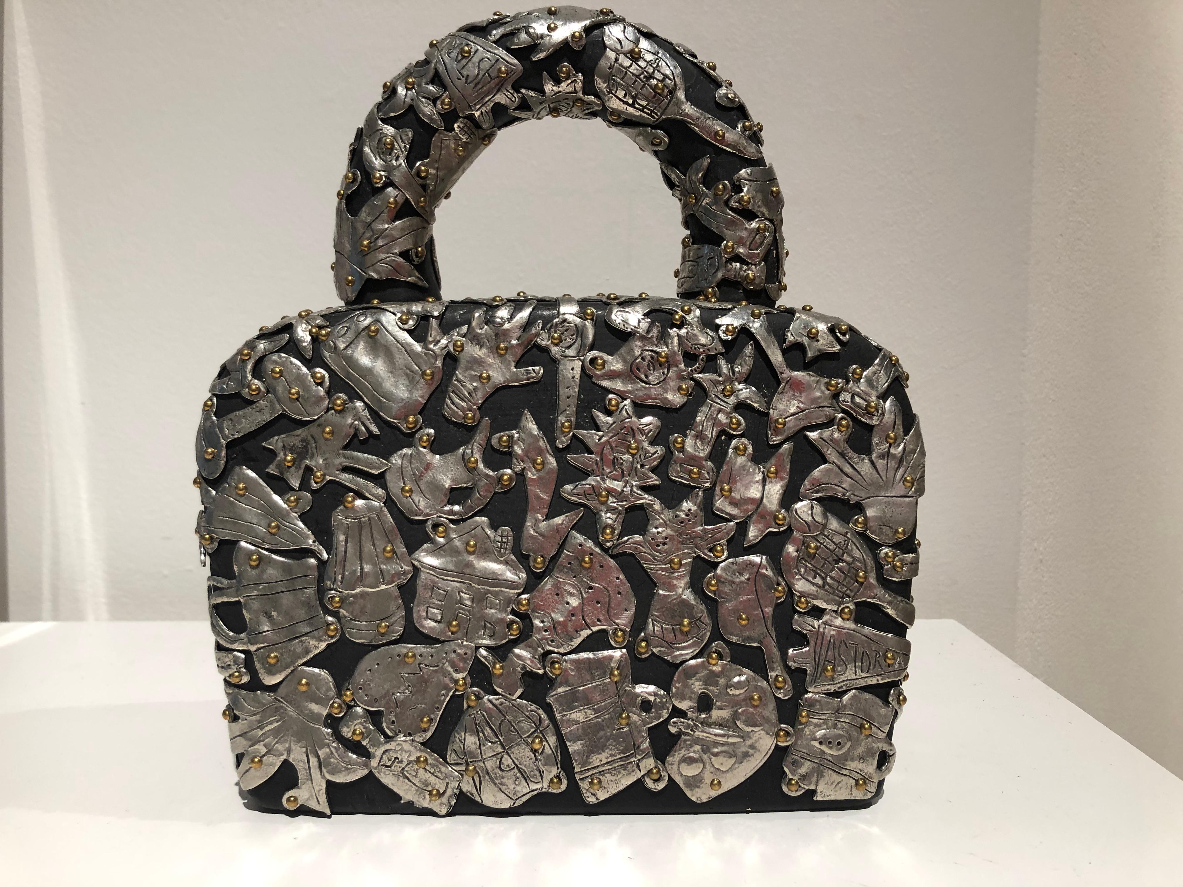 Female Fetish Small Handbag, small scale sculpture in pewter and wood For Sale 1