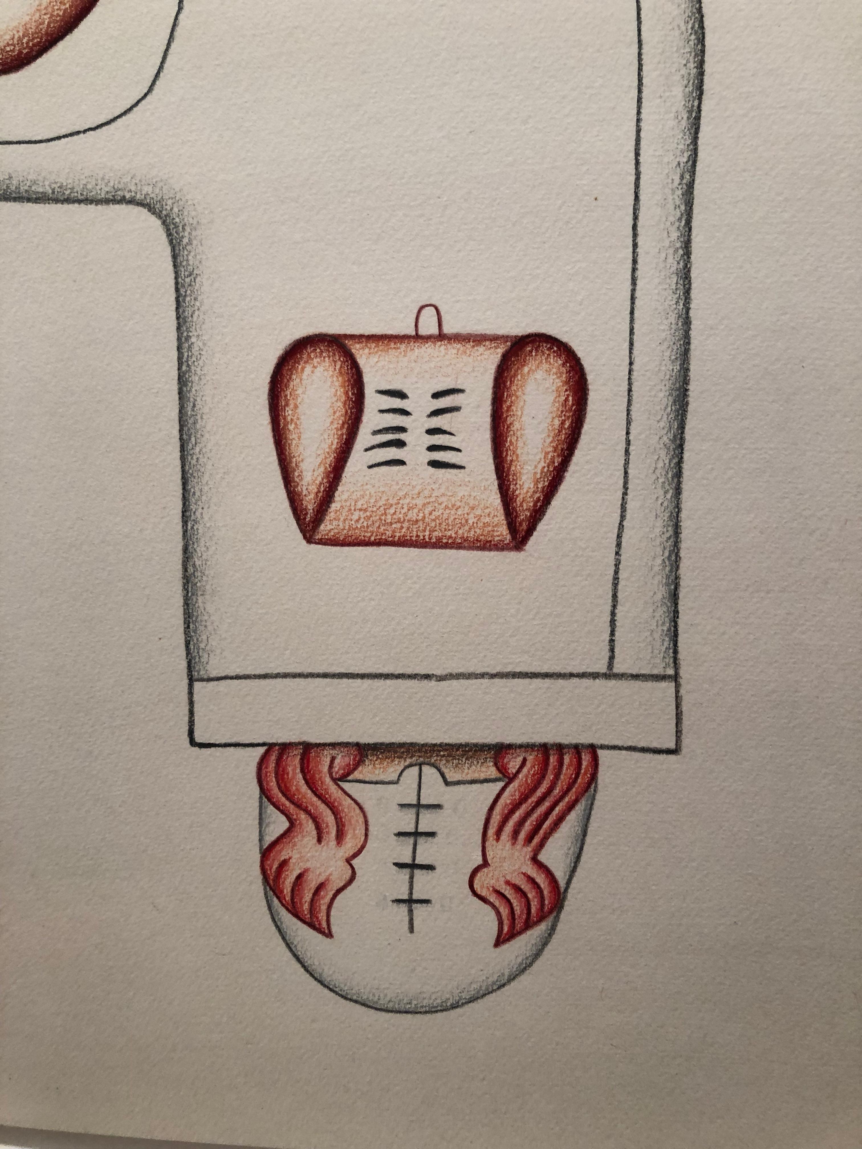 Karl Wirsum, Untitled, 1985, red and grey colored pencil on paper 
figurative drawing, surrealist cartoon, Chicago Imagist, robot, negative space

Karl Wirsum (b. 1939), as part of the Hairy Who group (along with James Falconer, Art Green, Gladys