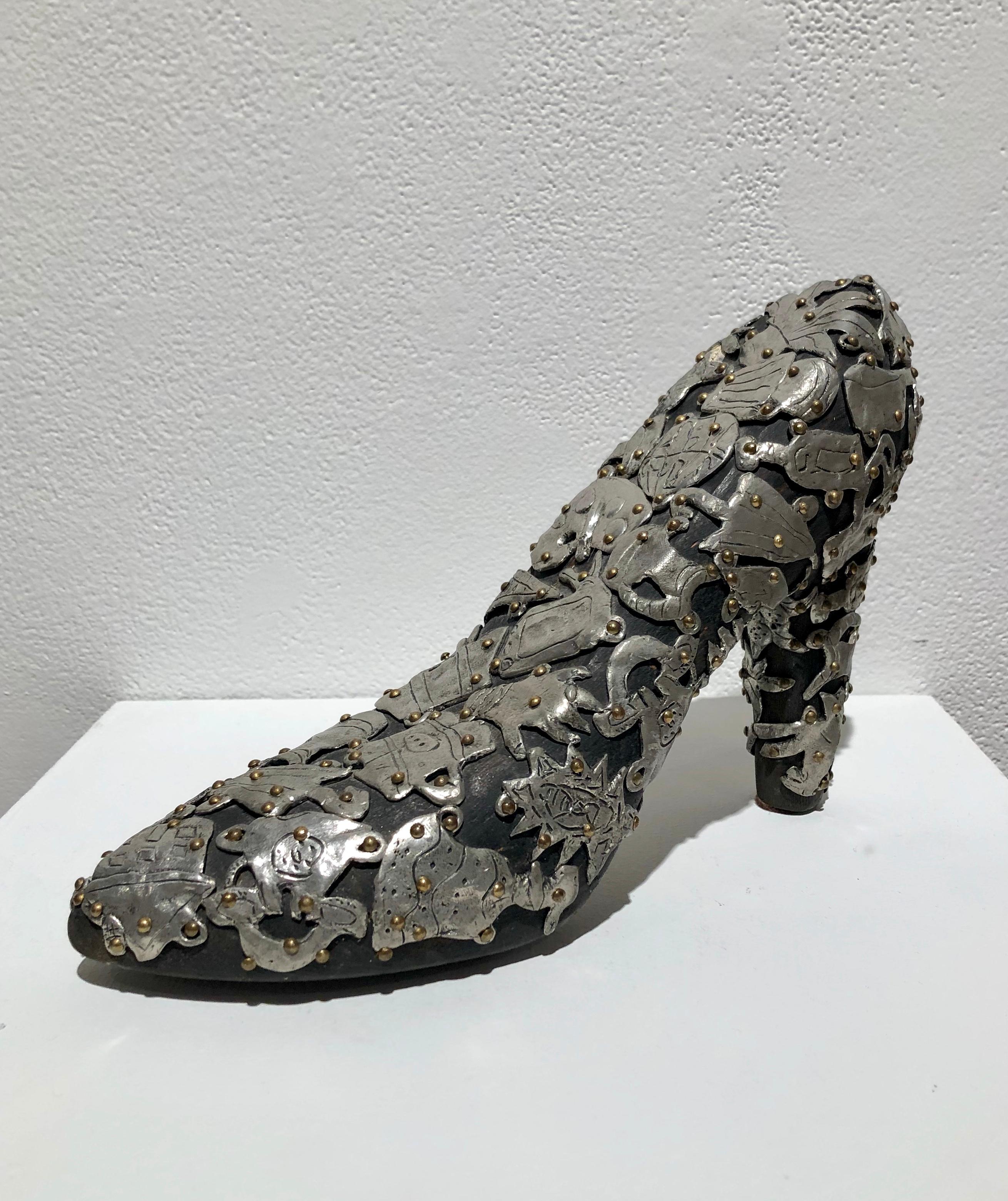 Shoe Sculpture , Female Pump  in wood covered with pewter and brass ornaments - Art by Claudia DeMonte