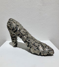Shoe Sculpture , Female Pump  in wood covered with pewter and brass ornaments