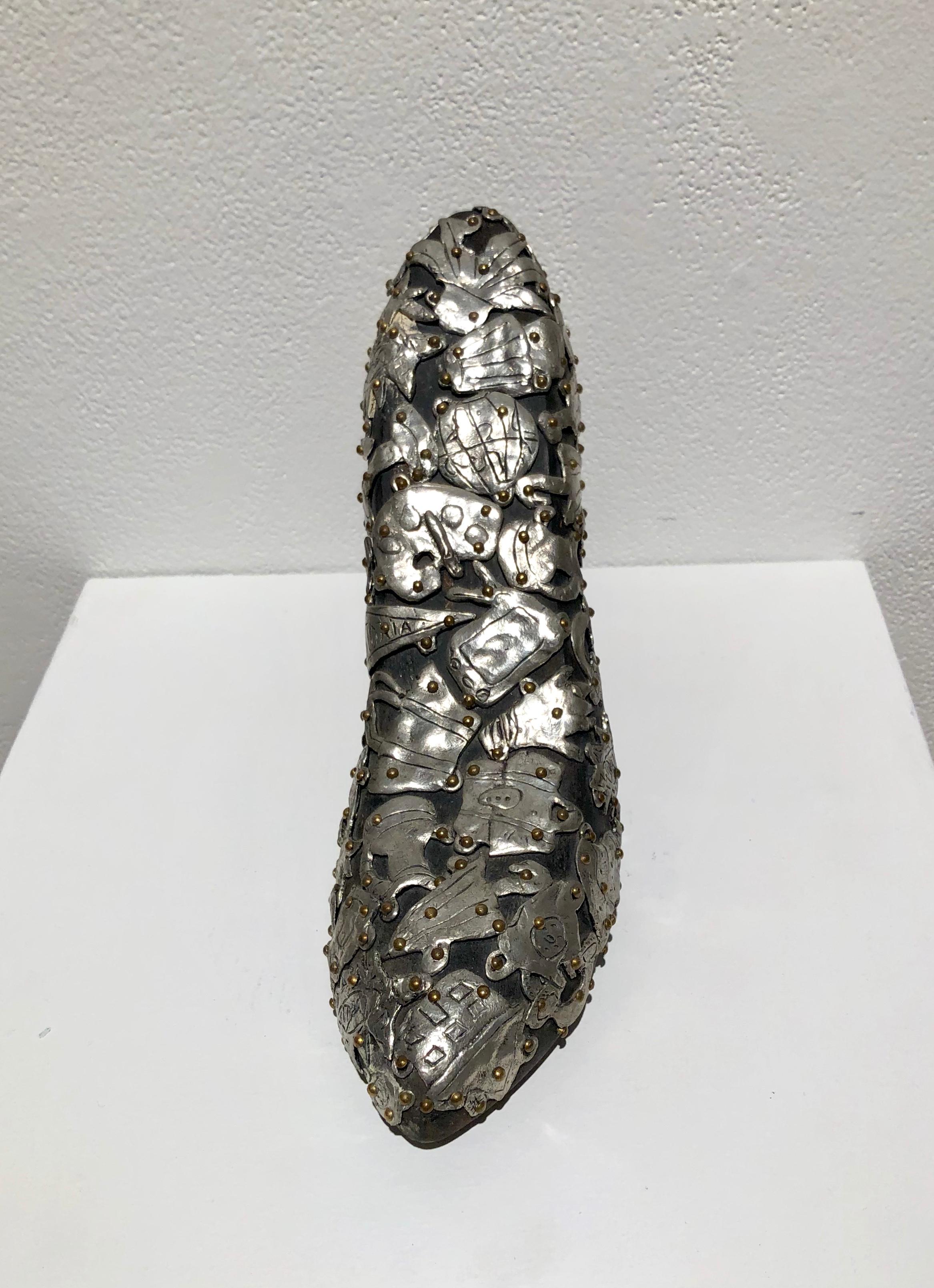  Shoe Sculpture , Female Pump  in wood covered with pewter and brass ornaments - Realist Art by Claudia DeMonte