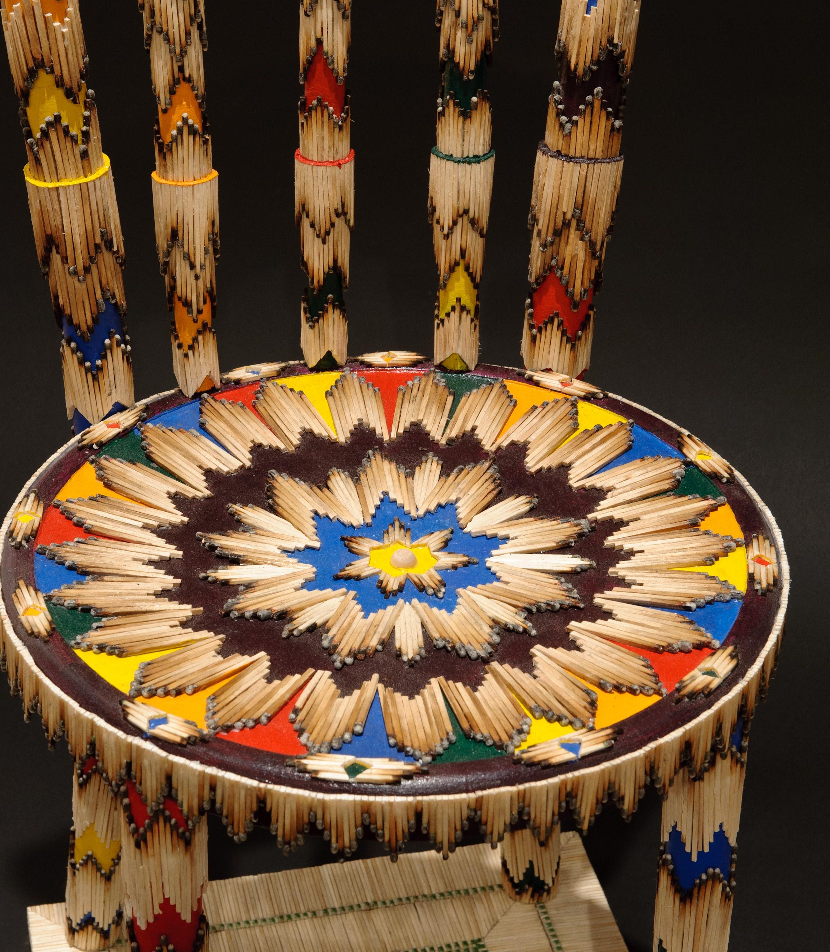 Chair with multi-colored matches, Life-Size, Navajo Melody, Indian Inspired - Black Still-Life Sculpture by Margaret Wharton