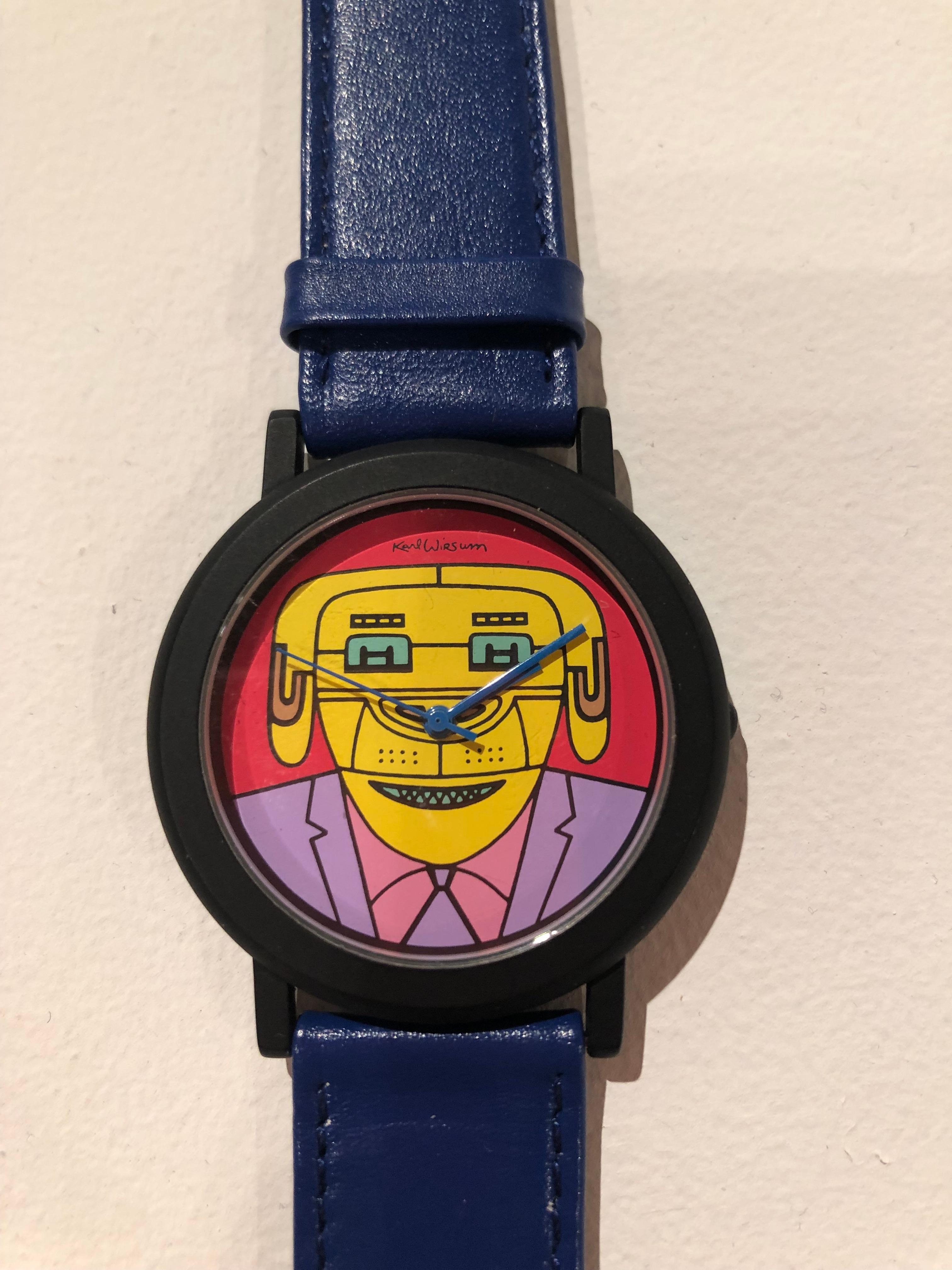 Rare and authentic collectible watches, designed by Hairy Who & Chicago Imagist artist Karl Wirsum for Playboy Magazine.
Made in 1991, buyer can choose between genuine leather watch band in black or navy.
Please make sure to specify band color when