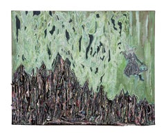  Textured Original Painting with Figure over an Abstract Green & Black Landscape