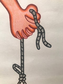 Pulley Up Short abstract figurative red colored pencil drawing on paper