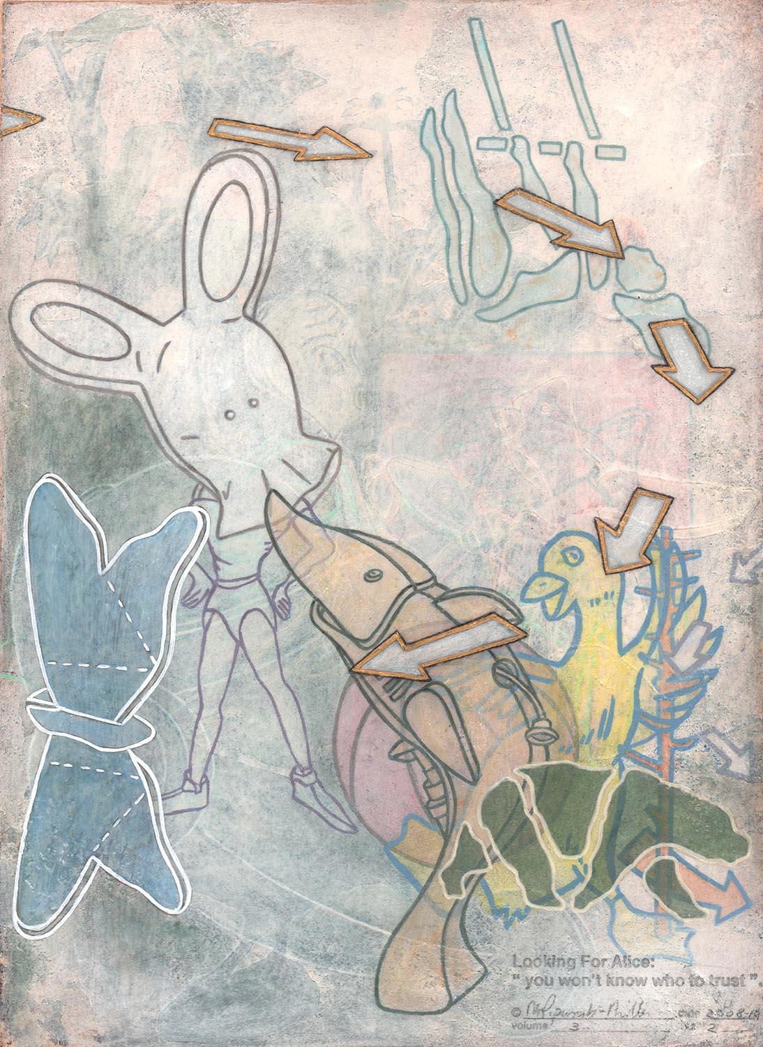 Mary Ann Papanek-Miller Animal Painting - Looking for Alice, layered images of animals and toys, blue