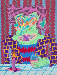 Wayne Gibbous, colorful cartoonish imagist portrait painting