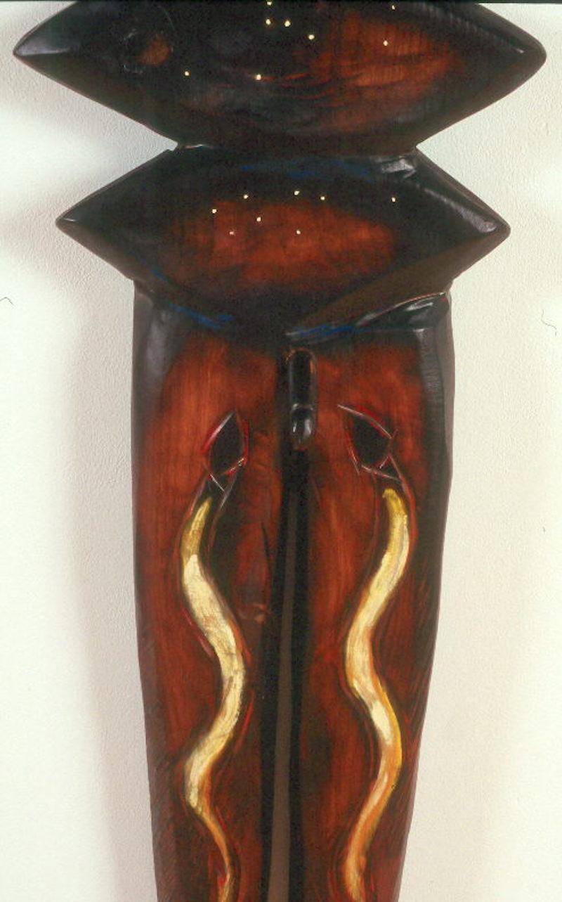 Shamans, male and female wood totems - Tribal Sculpture by John Geldersma