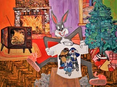 Textured Original Painting, Bugs Bunny, Christmas Tree, Presents, Cartoons