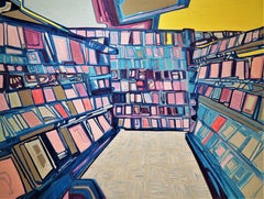 Textured original painting, books, magazines, video rental store, blue, purple