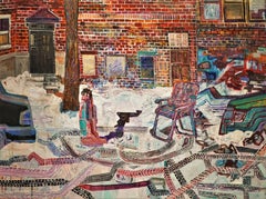Textured Original Painting, Chicago winter parking dibs, urban street scene