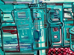 Textured original painting, video game arcade, green, linear, abstract