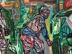 Textured original painting, green, linear, abstract, baseball players