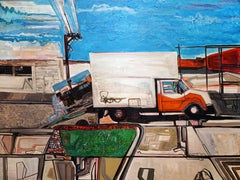 Textured painting, man loading painting in moving van, white blue orange green