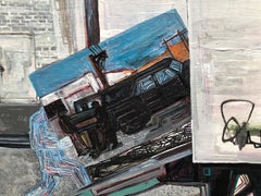 Textured painting, man loading painting in moving van, white blue orange green