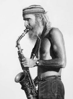 Pencil drawing, photorealism, B&W carbon, Blues musician, saxophone player 
