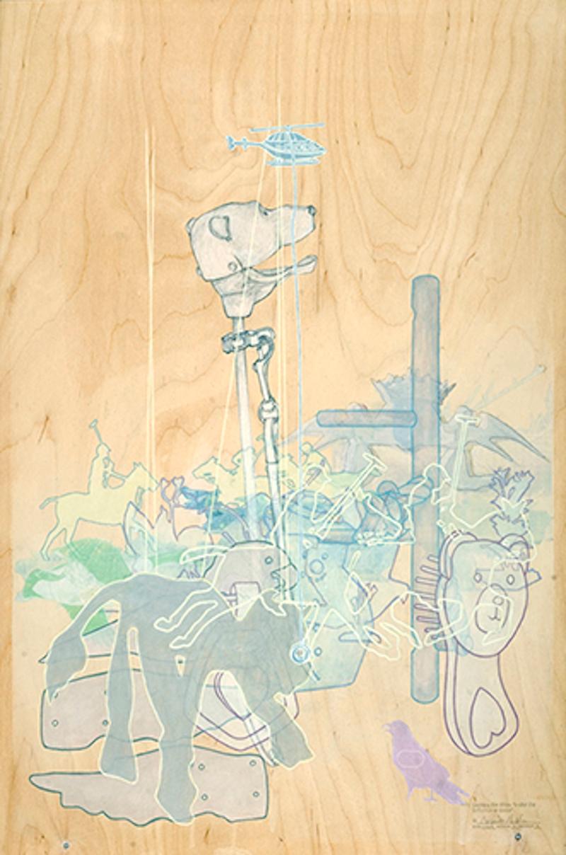 Mary Ann Papanek-Miller Animal Painting - Looking for Alice, layered images of animals and toys, yellow