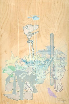 Looking for Alice, layered images of animals and toys, yellow