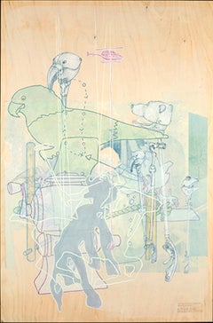 Looking for Alice, layered images of animals and toys, yellow