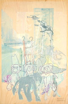 Looking for Alice, layered images of animals and toys, yellow