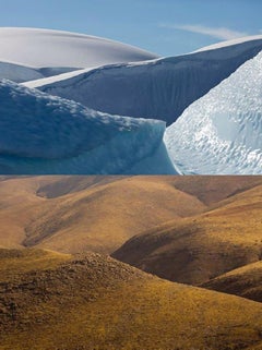 Honey and Ice Pair 1, icebergs and sand dunes, landscape diptych photograph