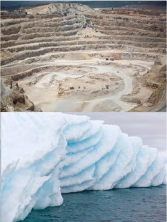 Honey and Ice Pair 2, icebergs and sand dunes, landscape diptych photograph