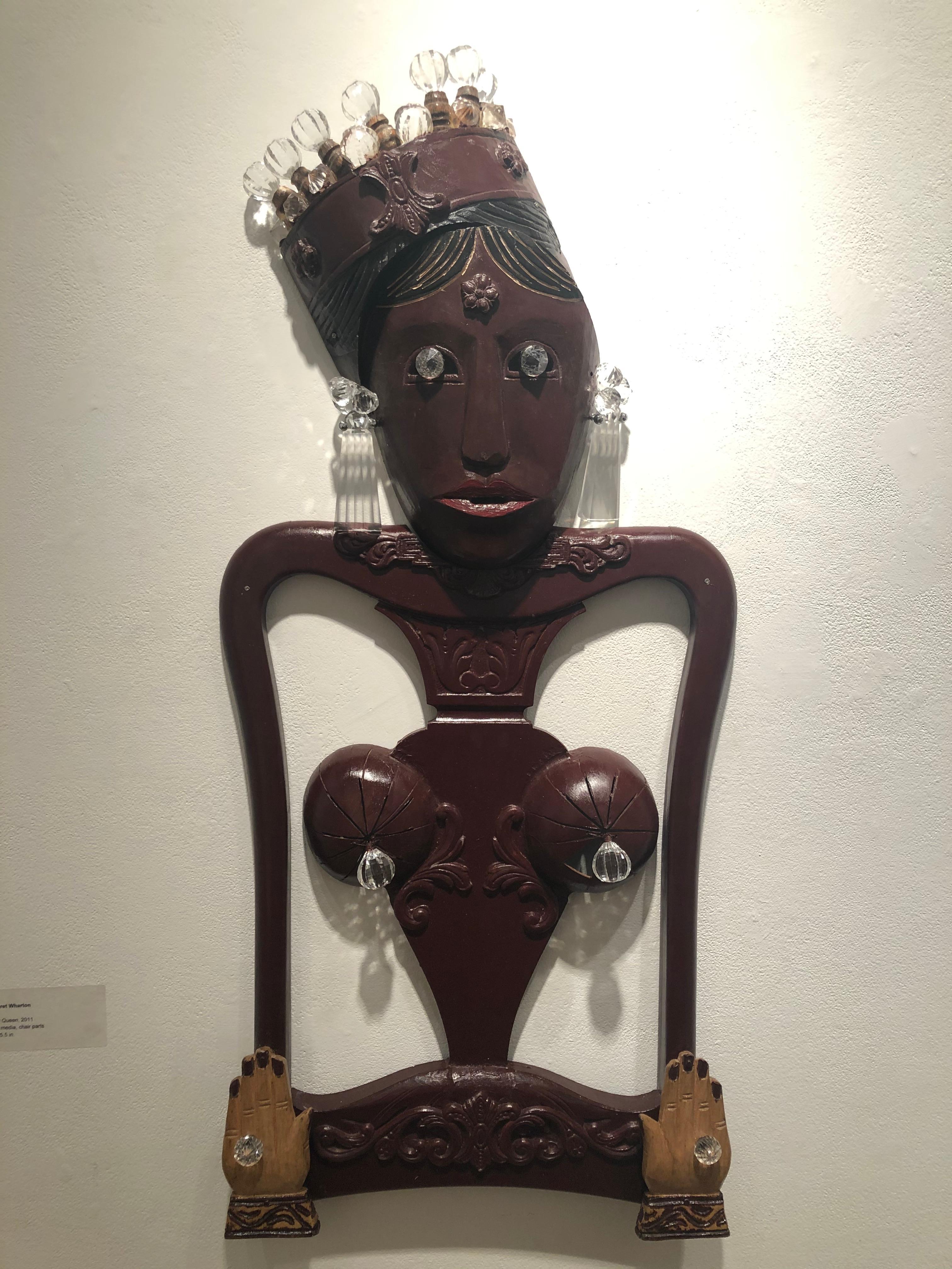 Margaret Wharton Figurative Sculpture - Gypsy Queen, figurative wall sculpture, chair parts, mixed media