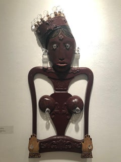 Gypsy Queen, figurative wall sculpture, chair parts, mixed media