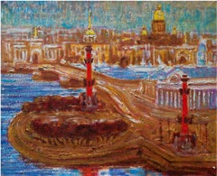 Rastrale Säulen – Original Ölgemälde auf Sackleinen von Alexander Evgrafov
