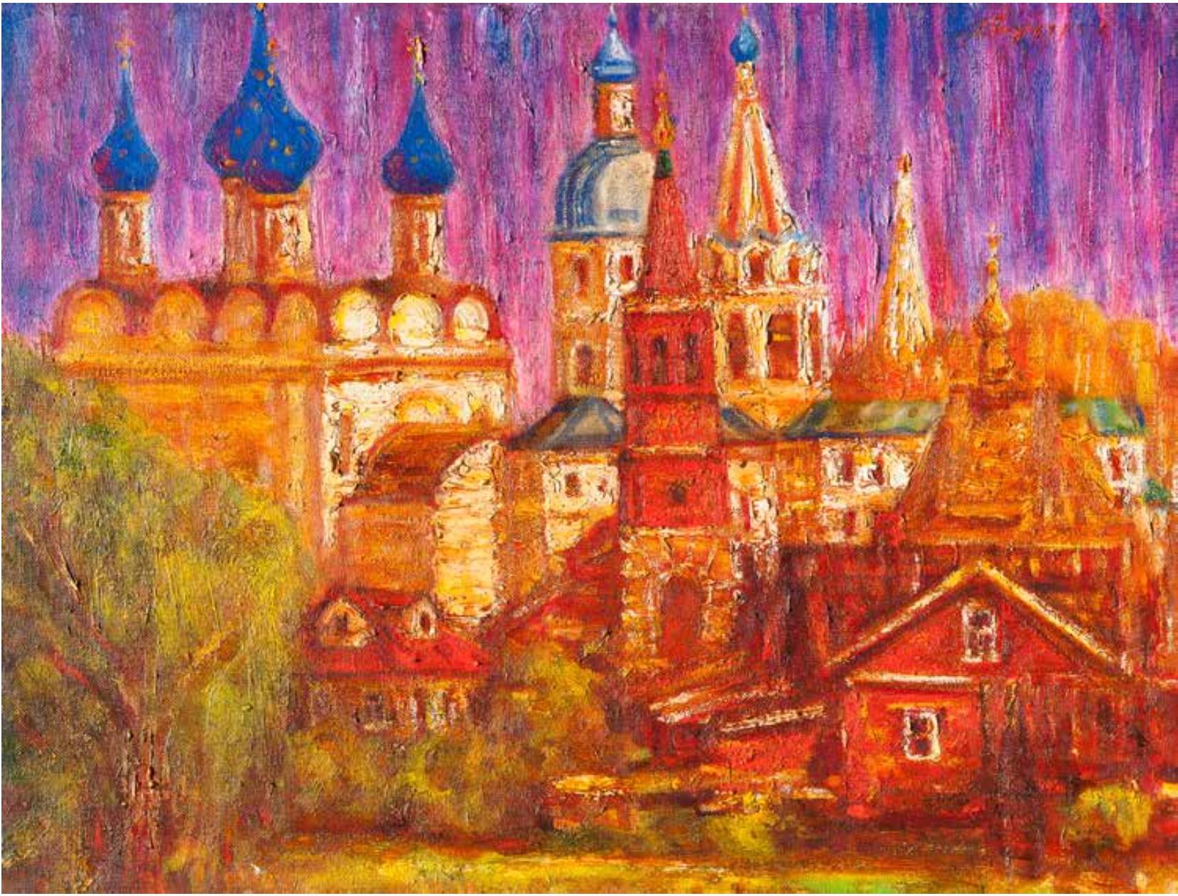 La soirée de Suzdal - Peinture originale à l'huile sur toile de jute d'Alexander Evgrafov