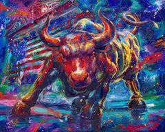 Bull of Wall Street – Originales Gemälde in Öl auf Leinwand von Blend Cota 60x40