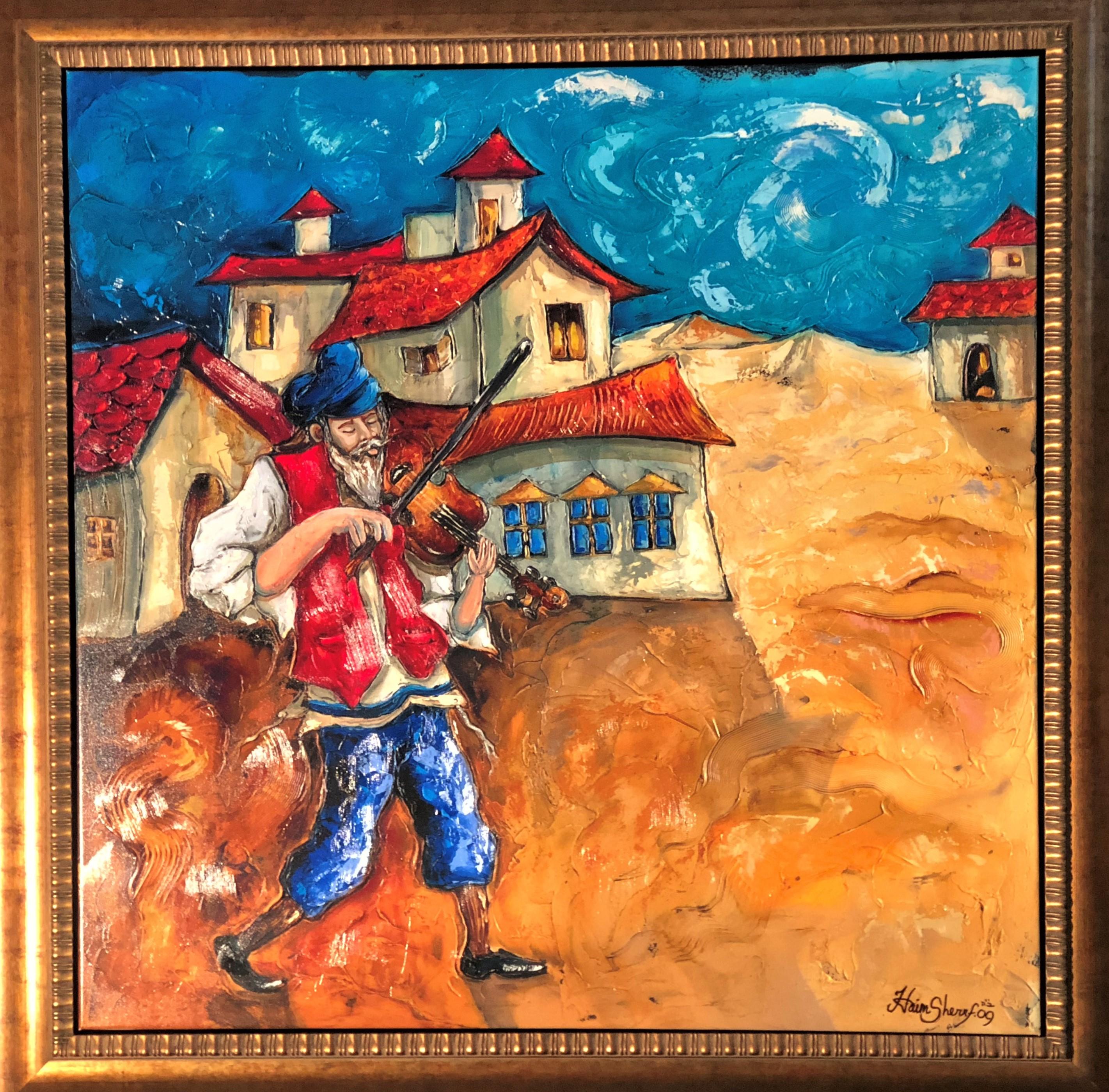 Village Fiddler - Original Mixed Media on canvas by Haim Sherrf