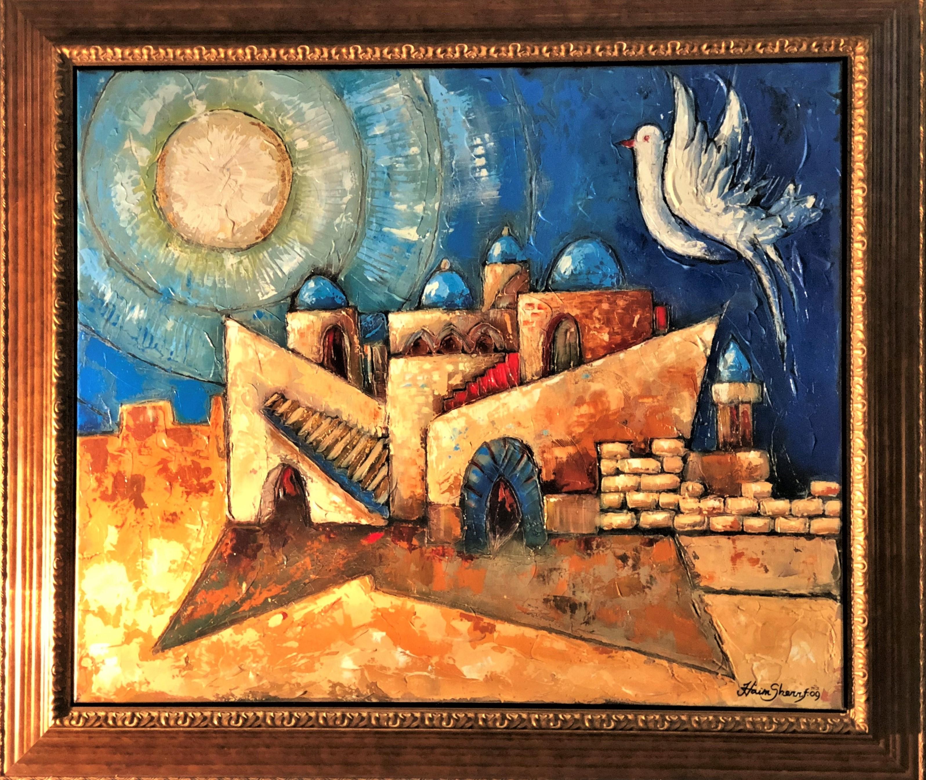 The Golden City - Original Mixed Media on Canvas by Haim Sherrf