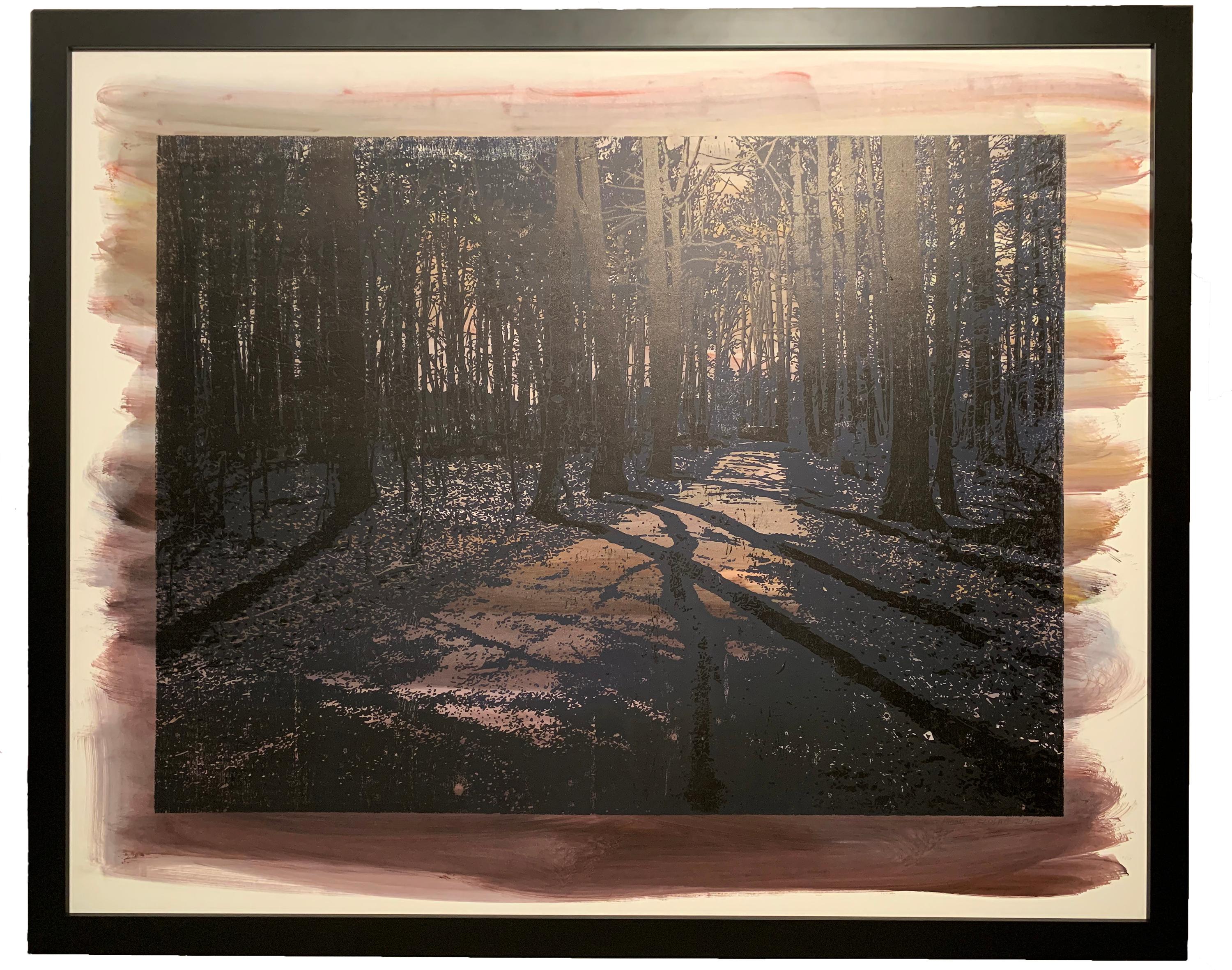 Forest in Purple - Wooden engraved panel - Etched and hand printed - Framed - Mixed Media Art by Natanel Gluska