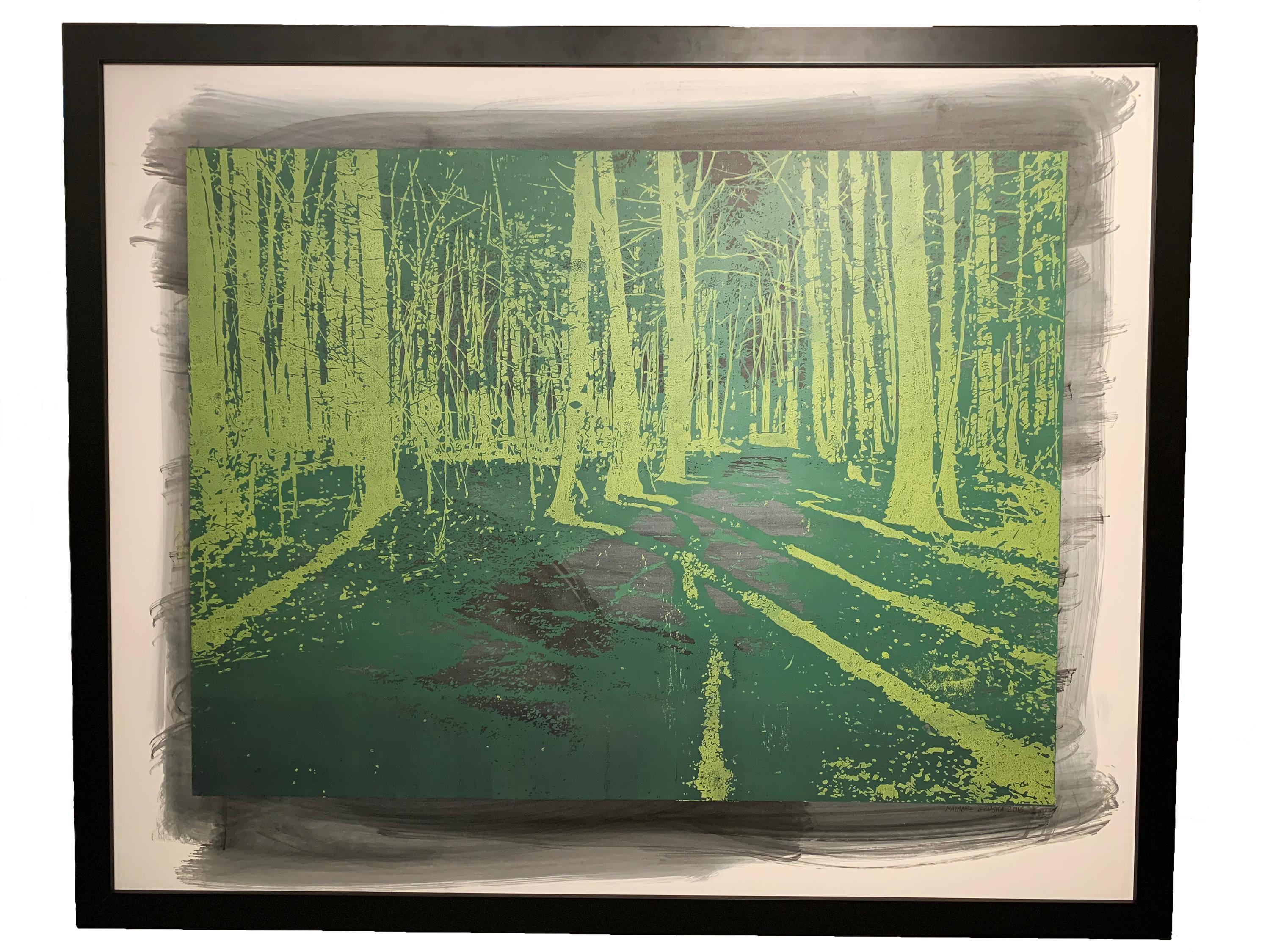 Natanel Gluska Landscape Print - Forest in Green - Wooden engraved panel - Etched and hand printed - Framed