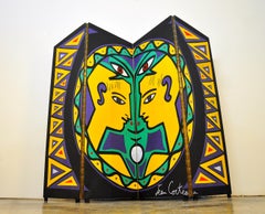 Visage de Faune, Floor Screen with Surrealist Acrylic Painting on Canvas