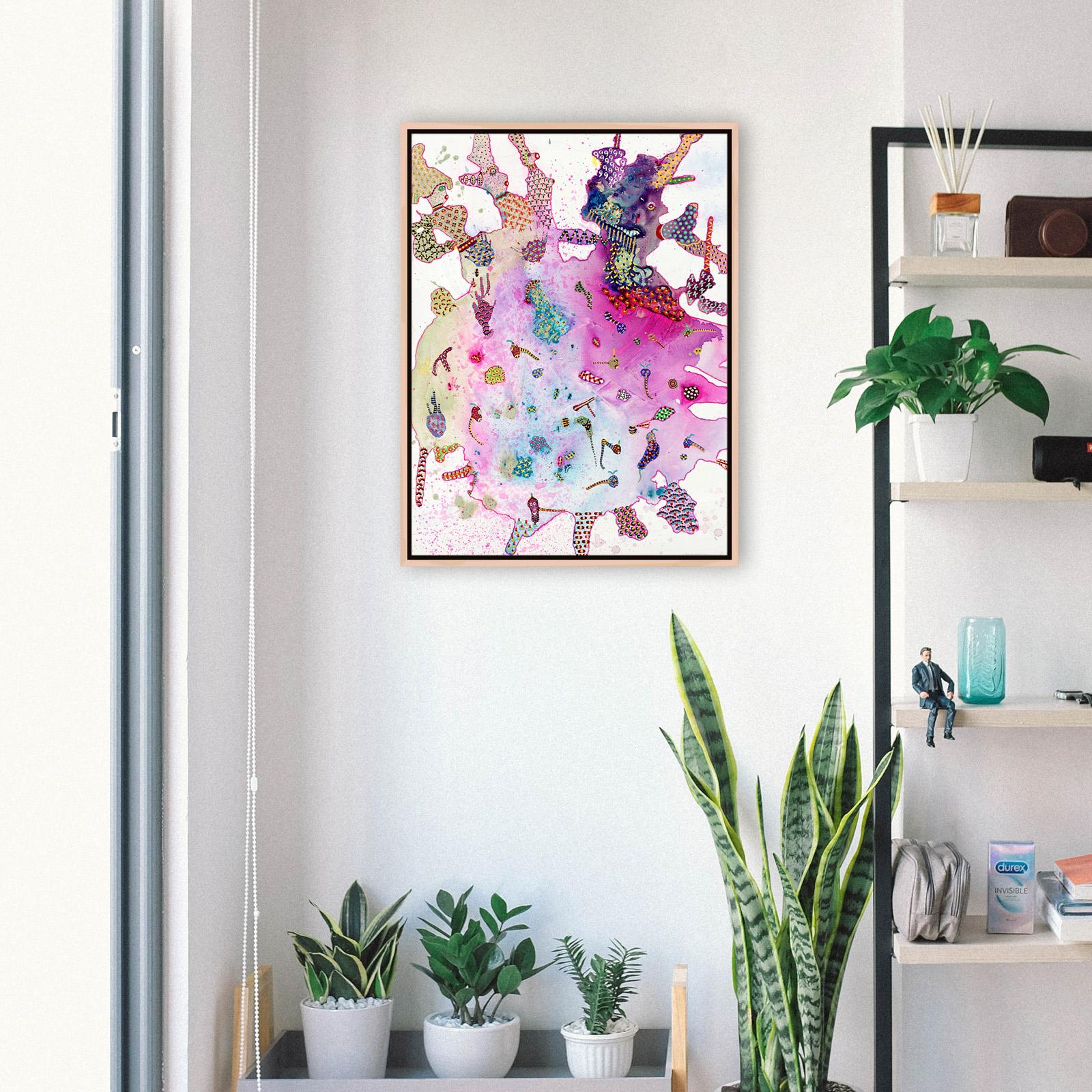 This is an original painting by Astrid Francis. It is framed with a 2" natural wood floating frame making the entire piece 25" x 19". 

Astrid Francis operates in a realm of fantastical surrealism, utilizing bright colors to create other worldly